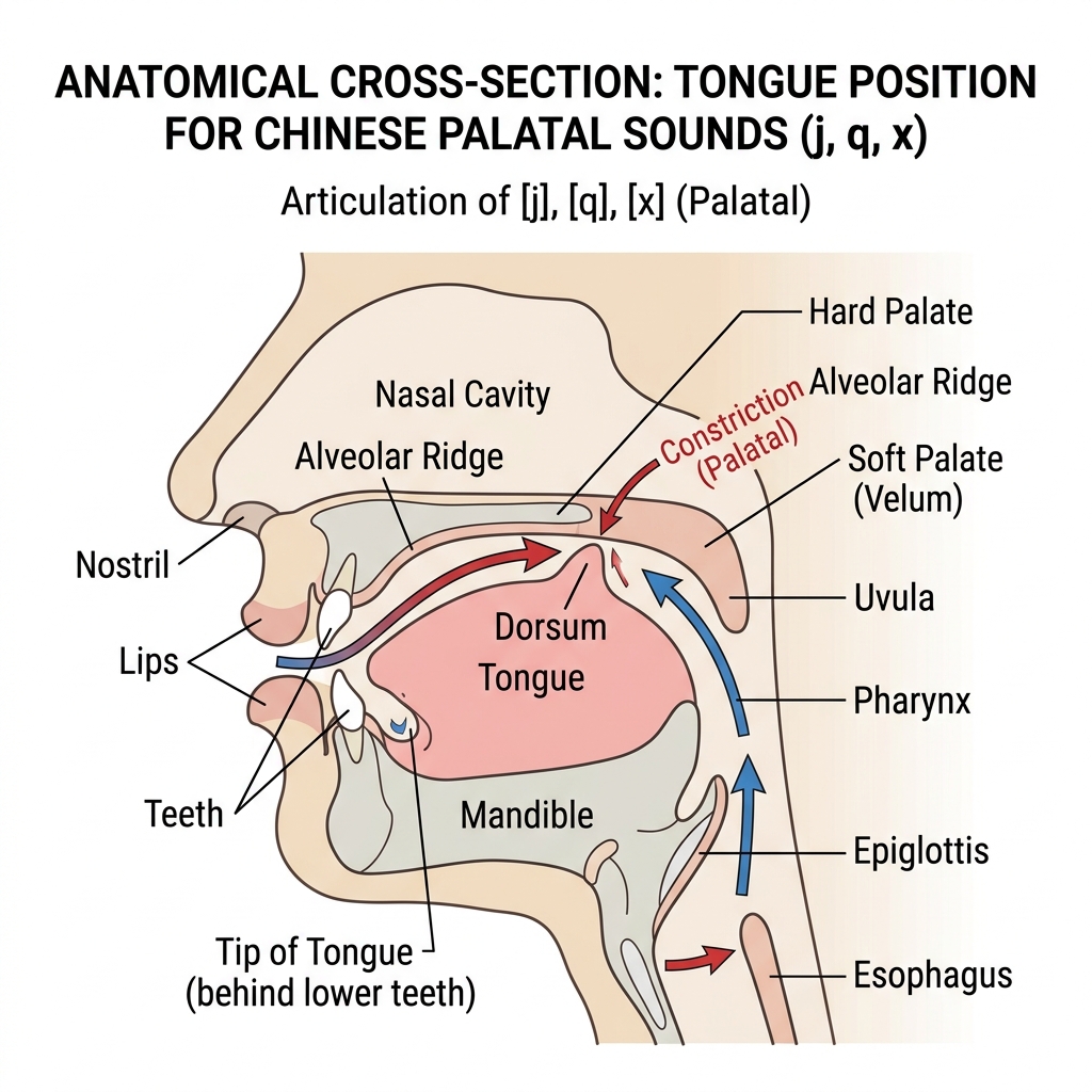 Sơ đồ khẩu hình Mặt Lưỡi Palatal (j, q, x)
